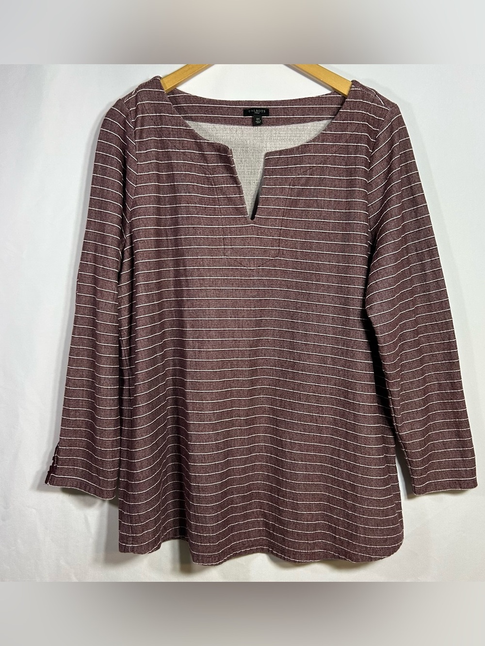 Talbots Burgundy and White Striped Split-Neck Top Size 2X Cotton blend